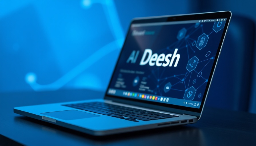 Laptop displaying DeepSeek AI interface on a blue-tinted workspace.