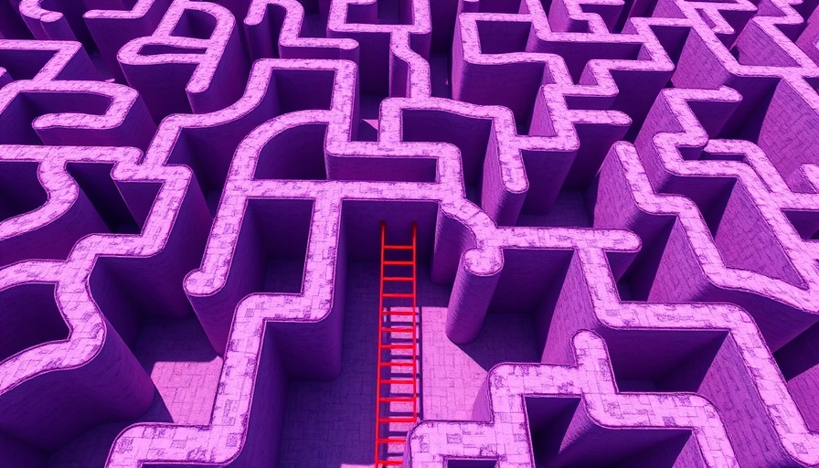 AI Complexity Management concept with purple maze and red ladder.