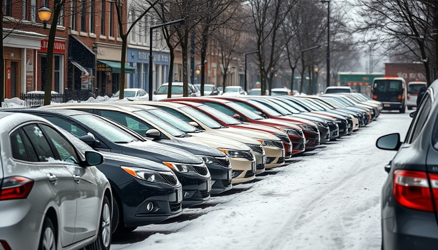 Row of cars in winter, urban context, highlighting auto finance appeal.