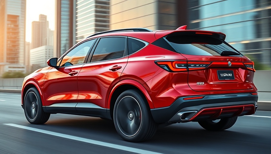 Sleek red electric SUV showcasing advanced design on city road.