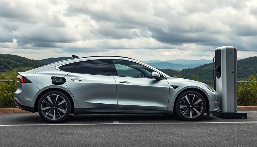 Silver car charging at mobile EV station in scenic setting.