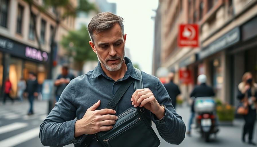 Man with Waterproof Kadet Collection bag on a city street.