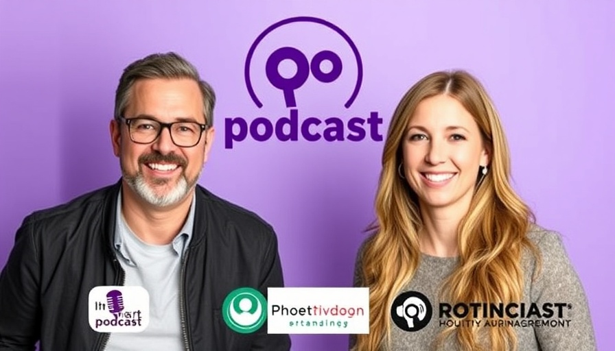 Smart wearables podcast promotional image with hosts smiling.
