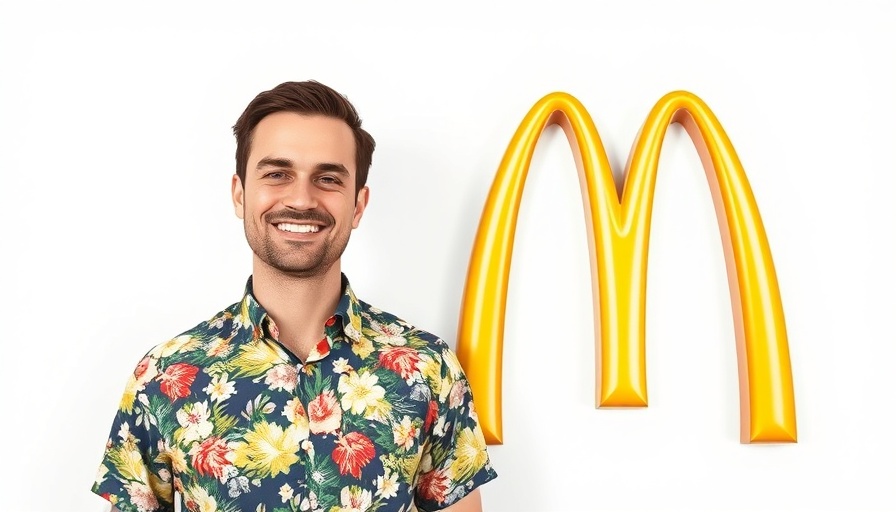 Smiling person with McDonald's logo, vibrant floral shirt