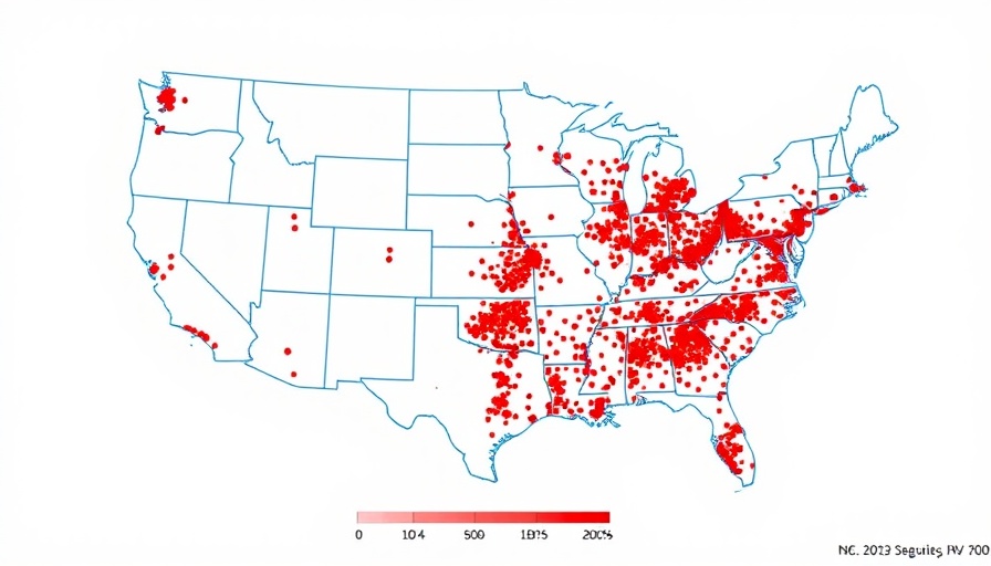 Map for Tornado Data Analysis with dense red dots indicating start locations, 1950-2023.