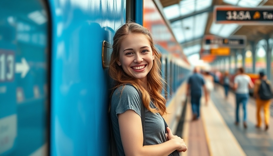 Travel tech adventure with a smiling backpacker on a train.