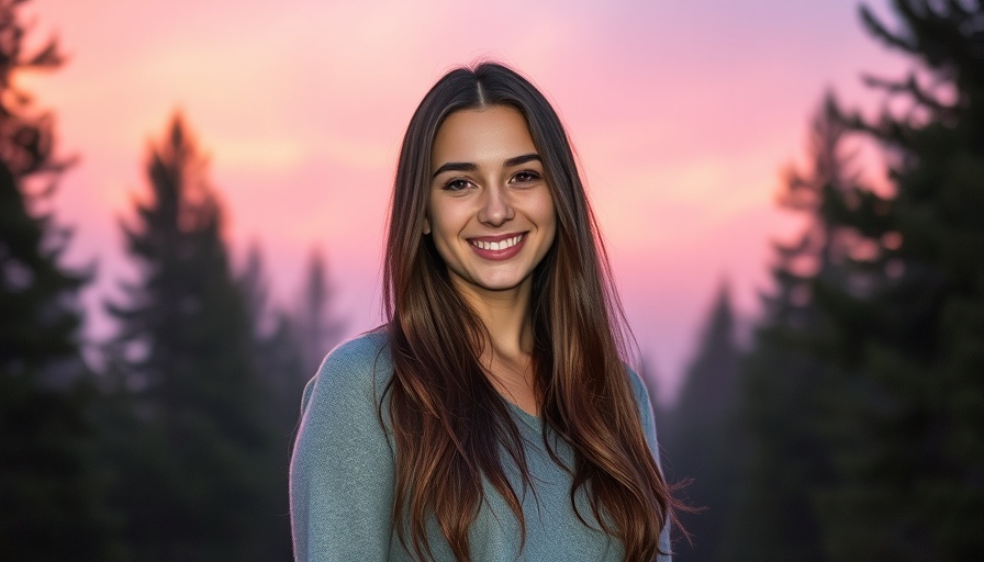 Young woman smiling in a misty forest with pink sky, air purification theme.