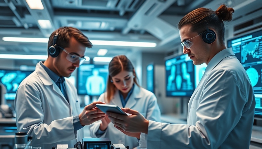 Scientists analyzing data on behavior cloning in futuristic lab