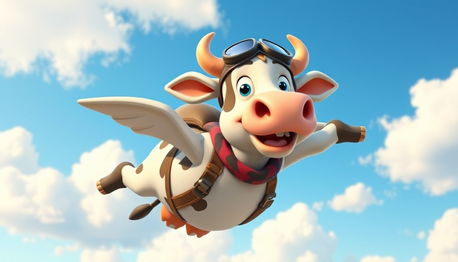 CowPilot cartoon cow flying through the sky in pilot attire.