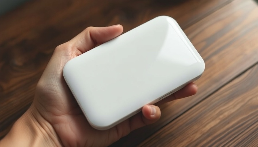 Logitech Spot device held over a wooden table.
