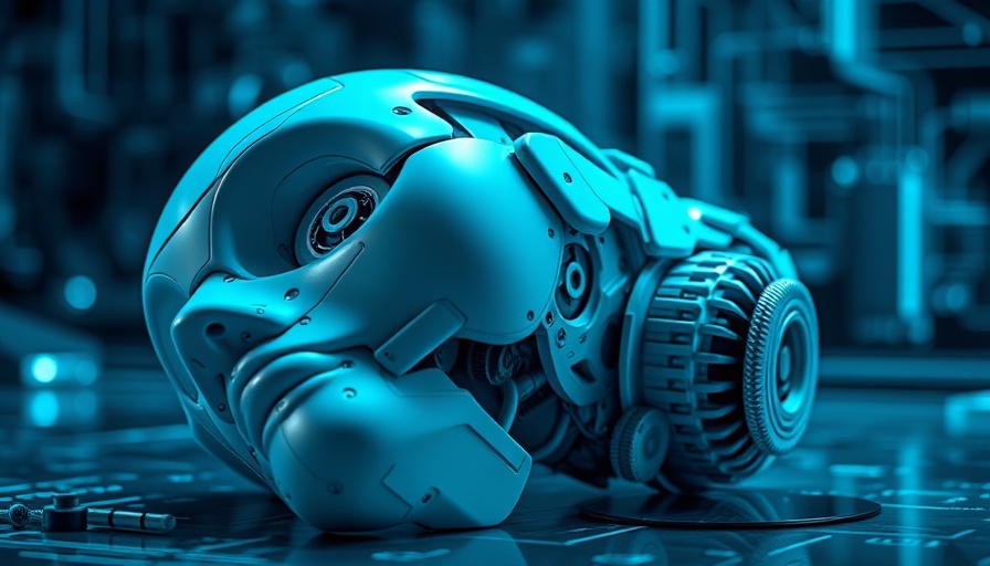 Futuristic AI-powered robot head with gears and digital interface.