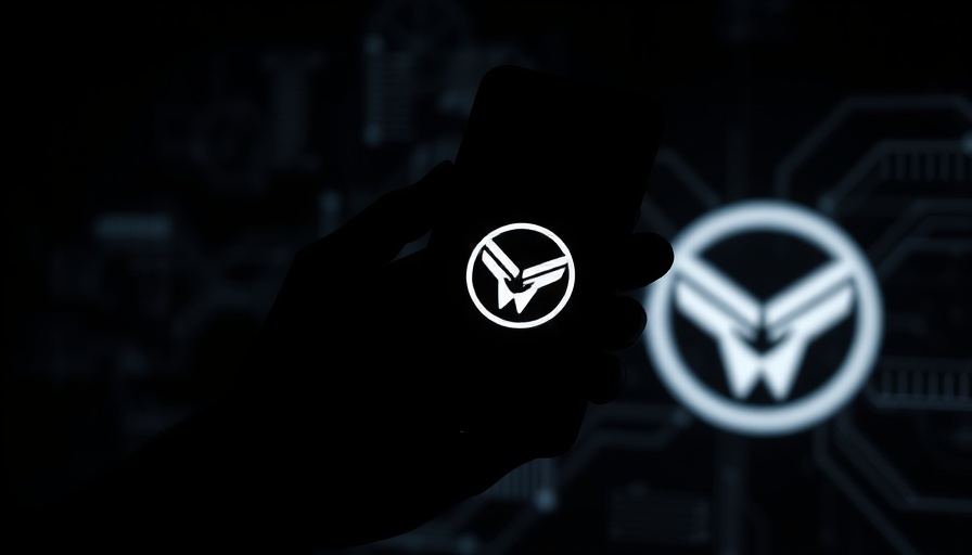 Decentralized AI logo on phone and backdrop in silhouette.