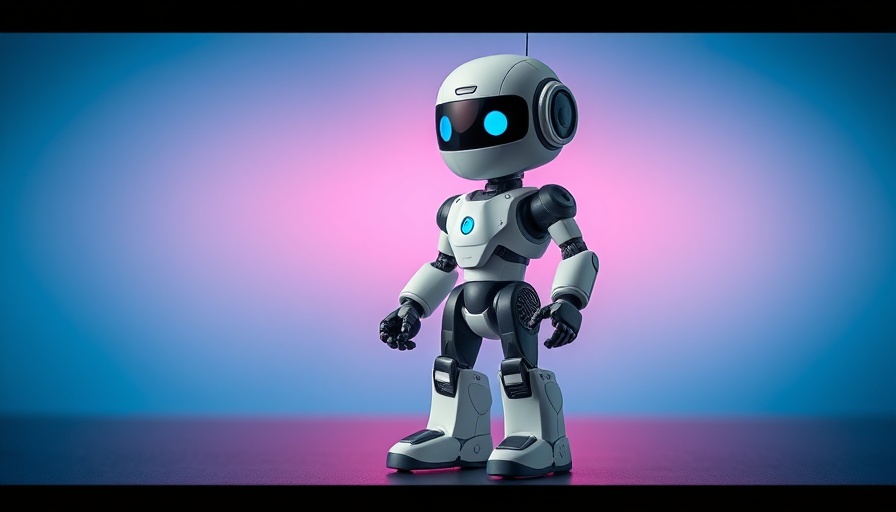 AI-powered framework robot on table with blue-pink gradient.