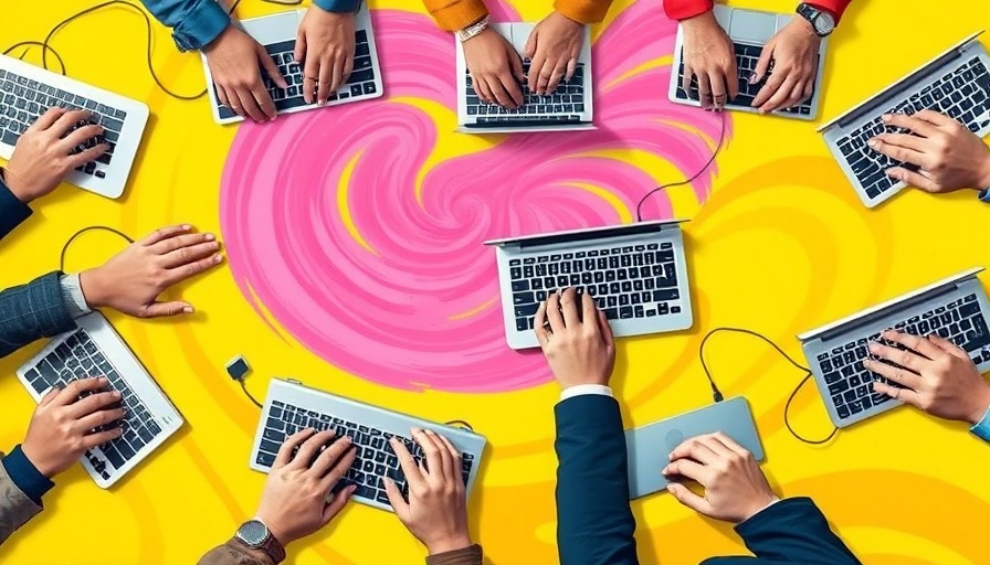 Diverse hands on keyboards symbolize community moderation.