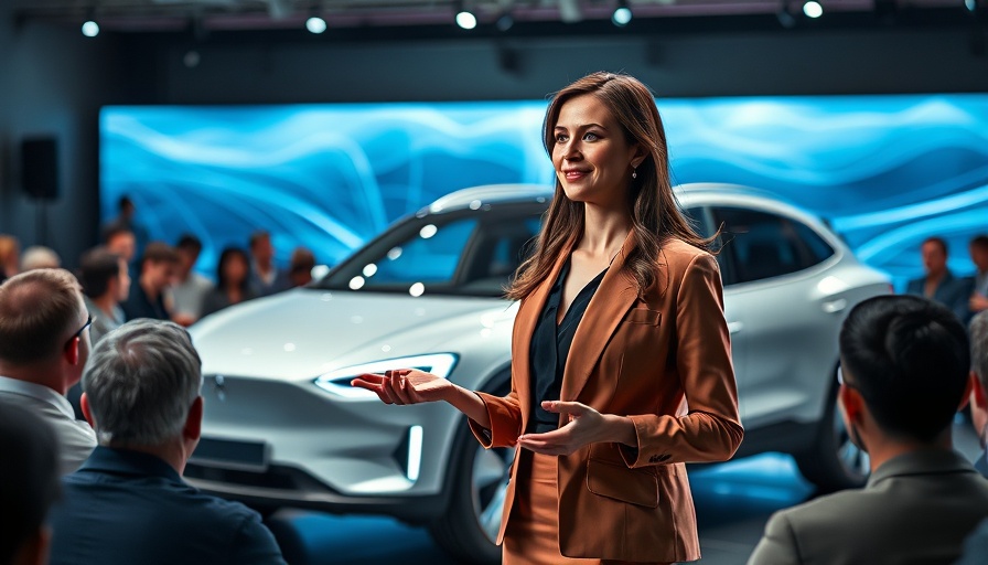Confident woman presents luxury electric vehicle on stage.