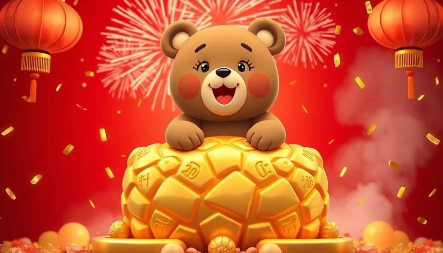Cartoon bear with Qwen t-shirt sitting on golden ingot celebrating.