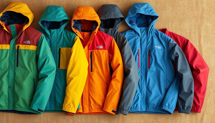 Vibrant sustainable outdoor jackets in blue, green, and red.