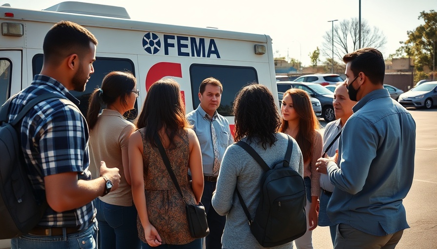 Community meeting near FEMA vehicle discussing federal spending freeze.