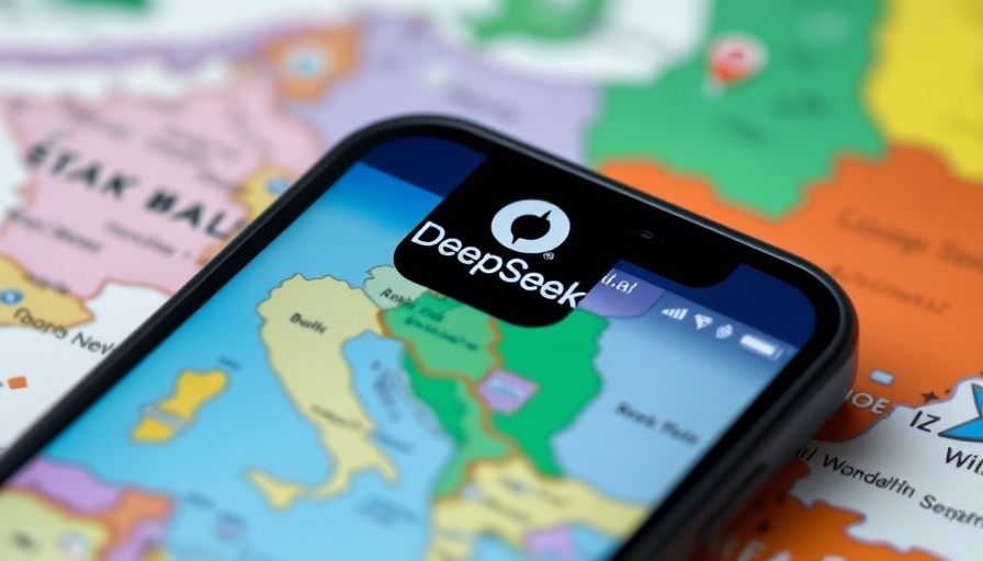 Close-up of DeepSeek AI app icon on smartphone over a colorful map.