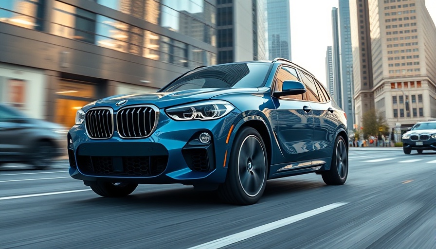 Bold BMW iX driving on city street, urban background.