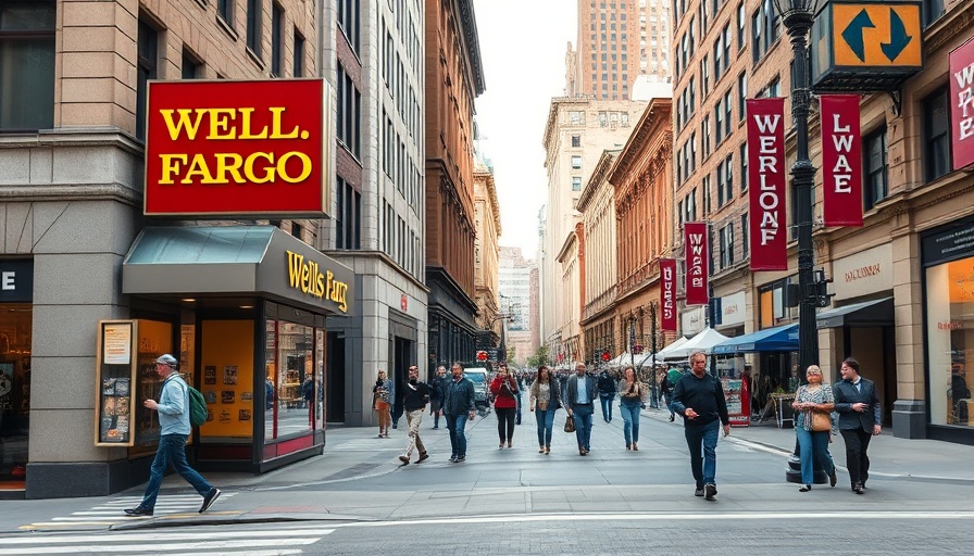 Wells Fargo signage in urban street scene with pedestrians, vibrant city