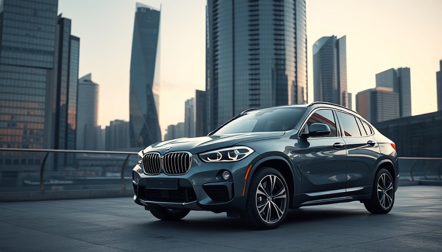 BMW iX parked in modern cityscape with glass buildings.