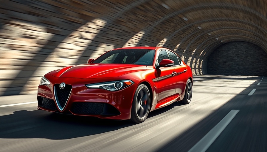 Red Alfa Romeo Giulia speeding in a stone tunnel, vivid, dynamic.