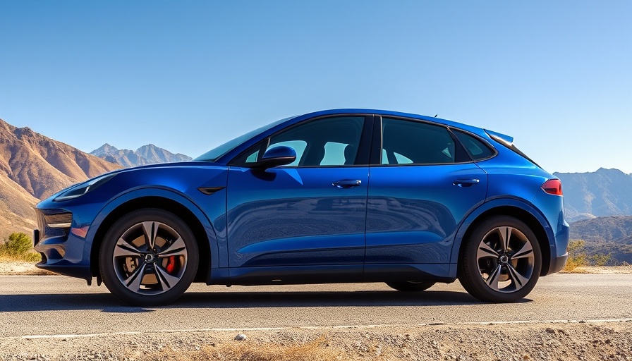 Sleek blue electric vehicle with mountain backdrop, daylight.