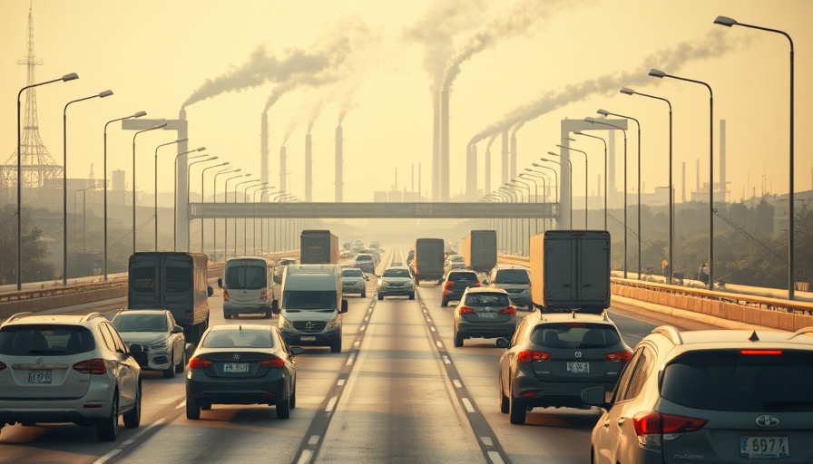 Highway traffic with industrial pollution and smoke, highlighting fuel economy regulations.