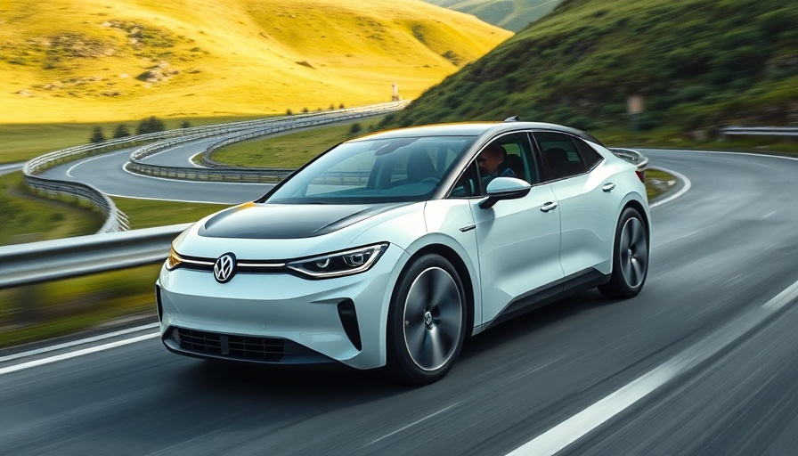 Volkswagen ID.7 EV driving on highway through green hills.
