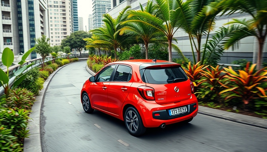 Driverless red car on rooftop garden road