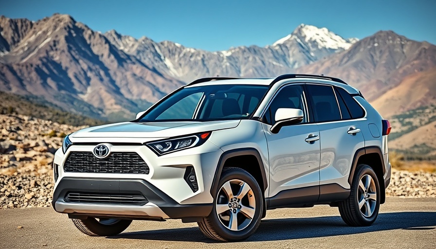 Toyota RAV4 parked in front of mountains with natural sunlight.