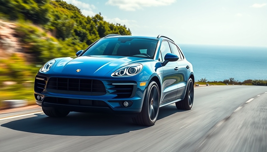 Blue Porsche SUV coast drive, highlighting Porsche made in America.