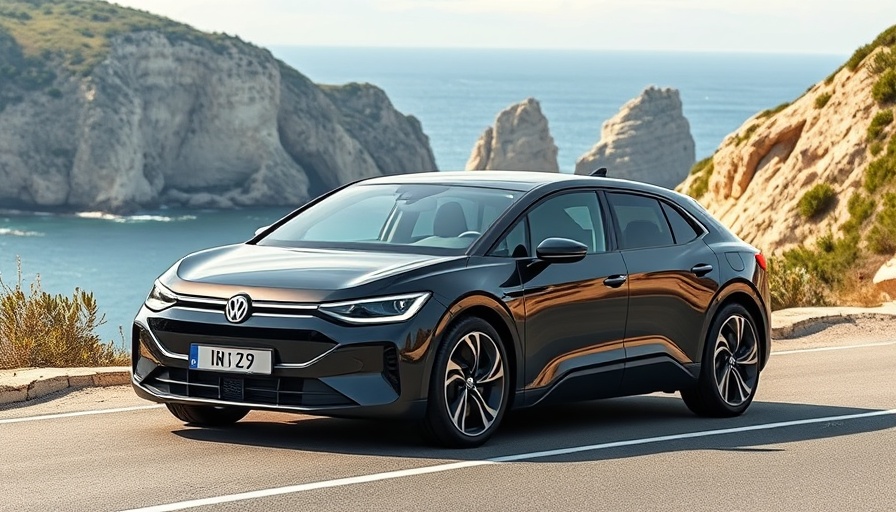 Volkswagen ID.7 on coastal road with cliffs and ocean in background.