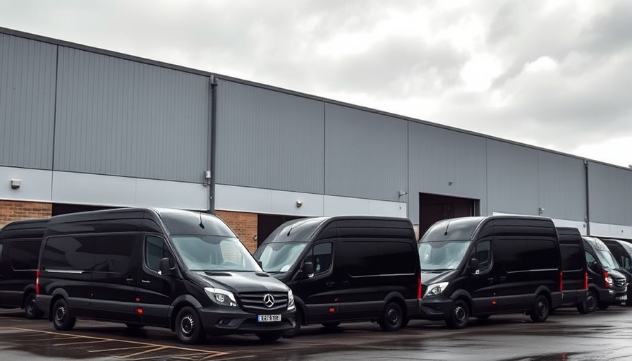 UK Cycling Distribution center with delivery vans outside.