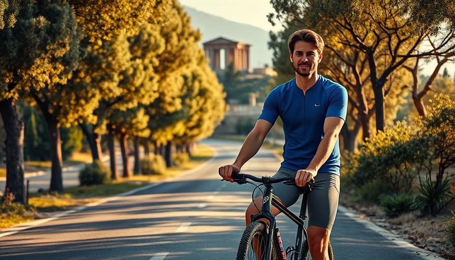 Cyclist with Factor Bike on scenic road with ruins in background
