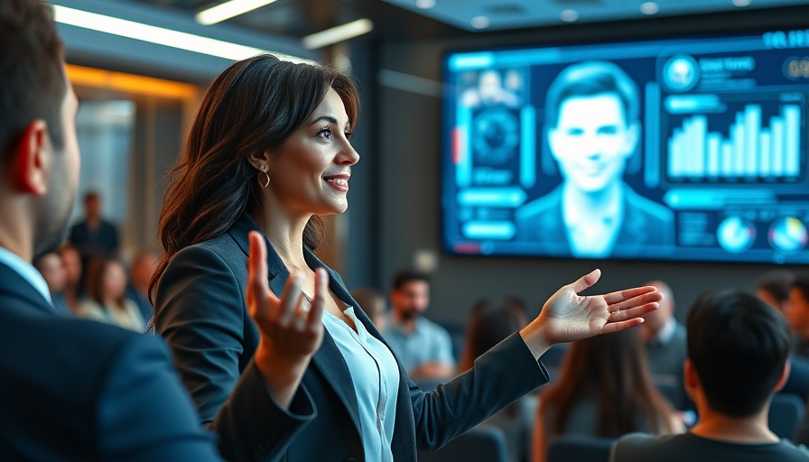 Professional discusses AI in marketing with digital display.