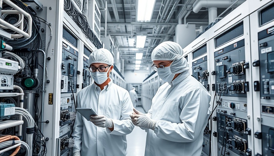 Technicians inspecting ASML chip semiconductor machinery in lab.