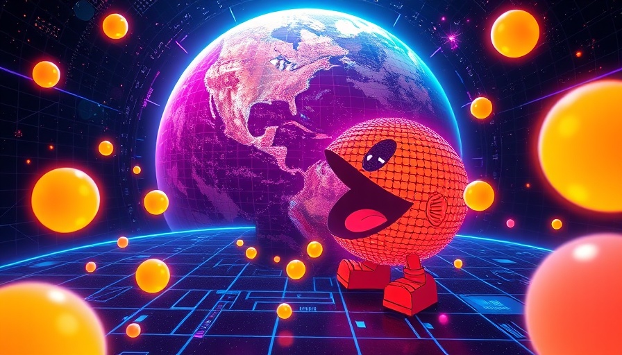 Futuristic digital art of Pac-Man consuming orbs with Earth backdrop.