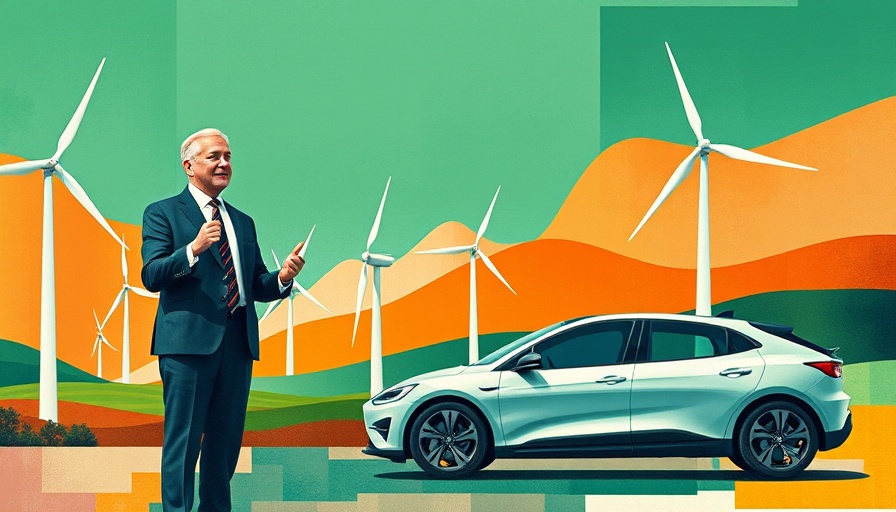 Collage art with politician, wind turbines, electric car, US Climate Tech