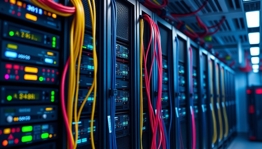 Advanced server racks for quantum computing with vibrant cables.
