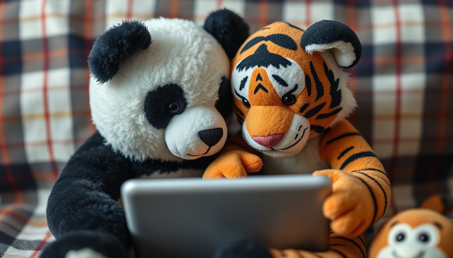 Generative AI depicted with stuffed toy animals looking at a tablet.