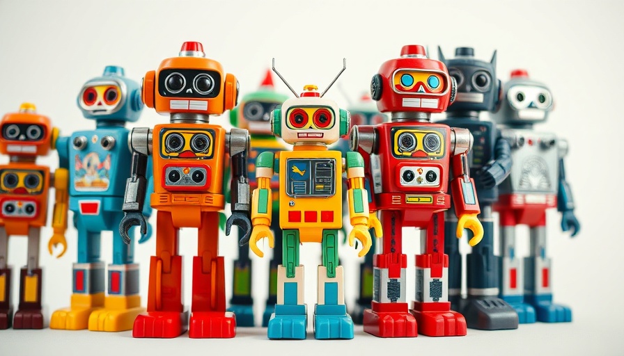 Colorful vintage toy robots standing in a row showcasing unique designs.