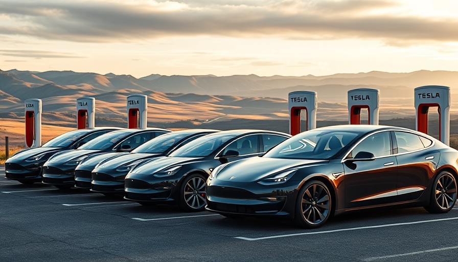 Tesla cars charging at scenic Supercharger station.