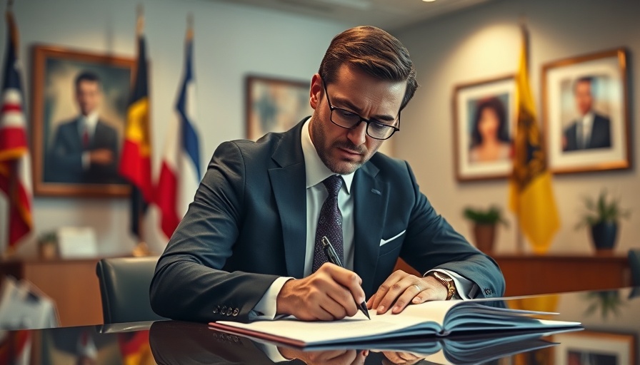 Business professional signing documents in office, related to fuel economy standards.