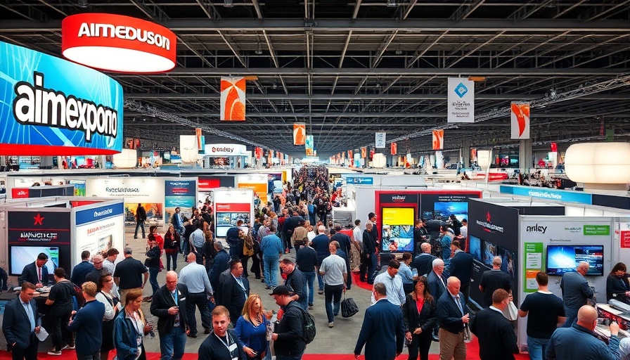 Crowd at AIMExpo exploring booths amid vibrant displays.