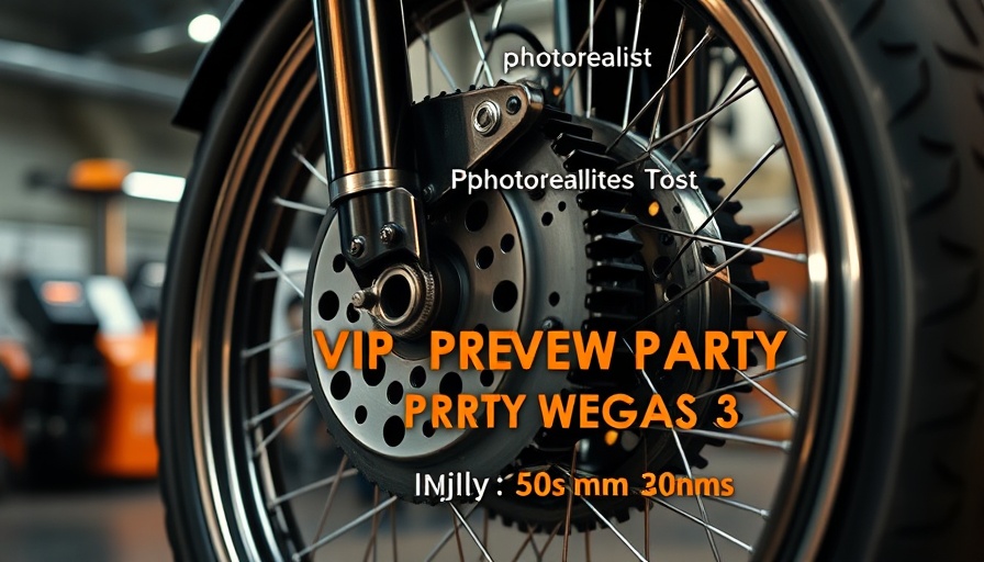 AIMExpo invitation overlay on a motorcycle wheel for VIP preview.