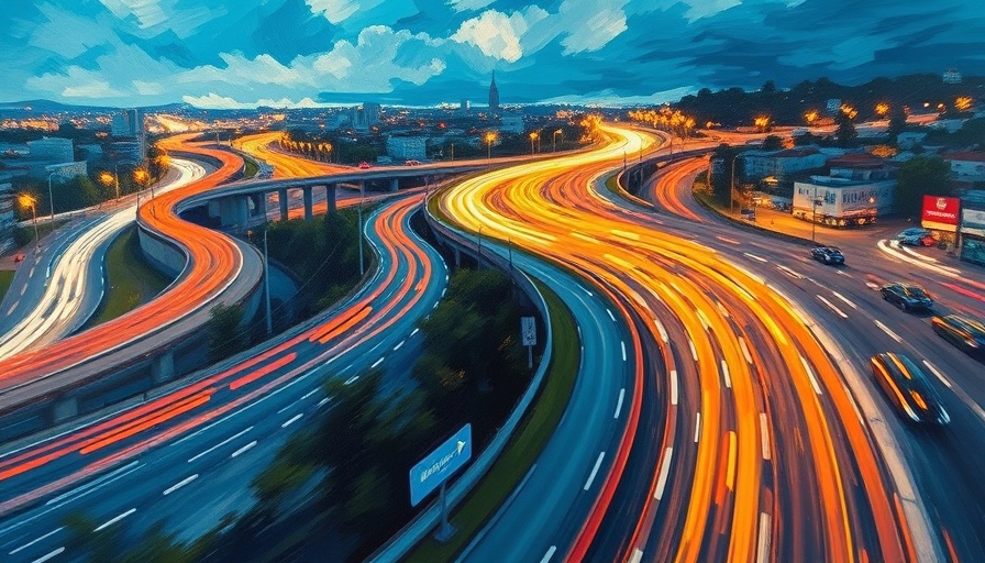 Dynamic cityscape painting with roads and lights, generated by AI.