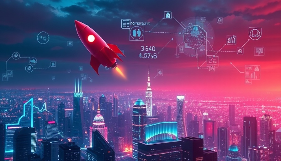 Futuristic scene of cybersecurity startup exits with rocket and digital city.