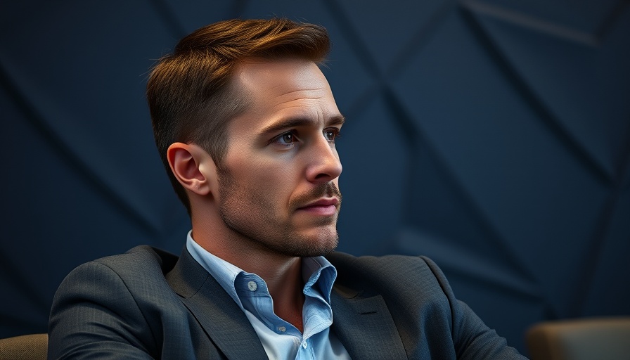 Focused man in a professional setting, blue geometric background, AI technology context.